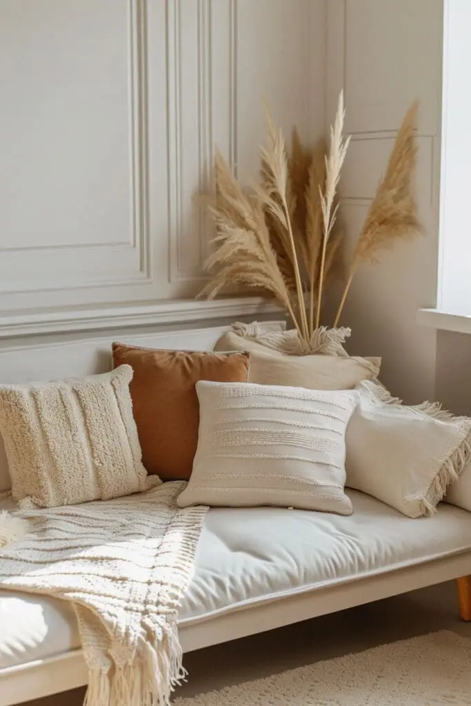A bedroom with a sofa with Throw Pillows