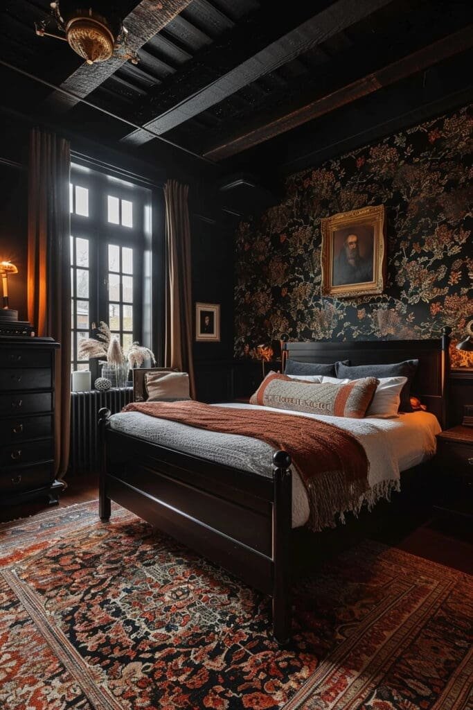 A Dark Academia Bedroom With Patterns
