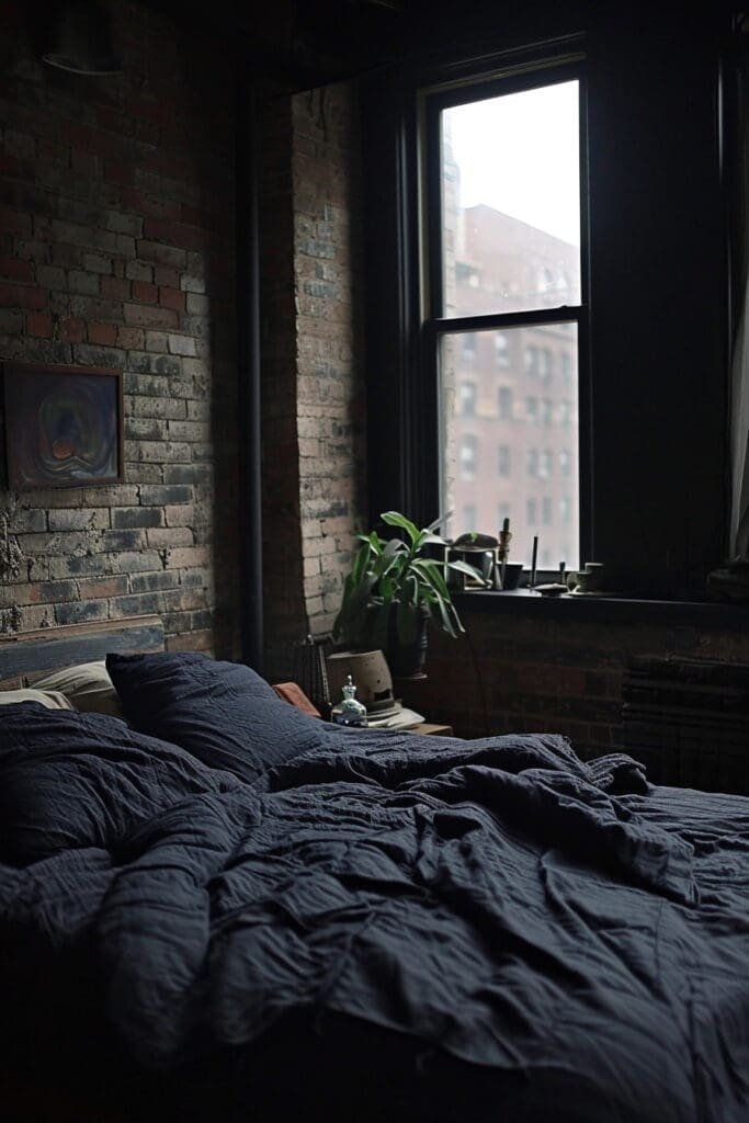 A Dark Academia Bedroom with Bare Brick Walls
