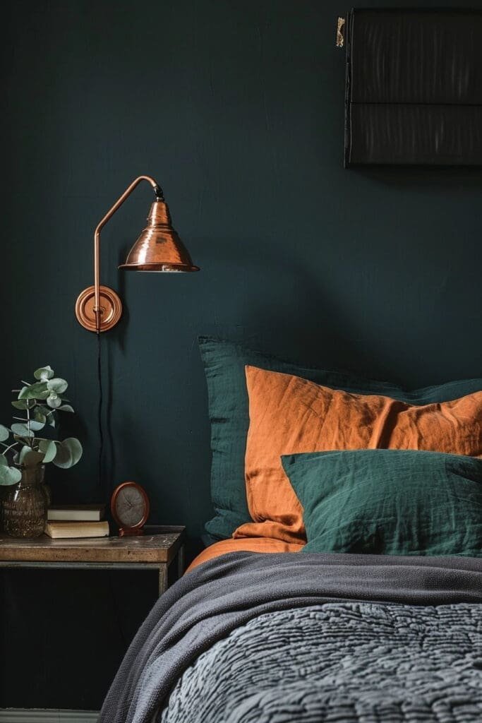 A Dark Academia Bedroom with Copper Accents