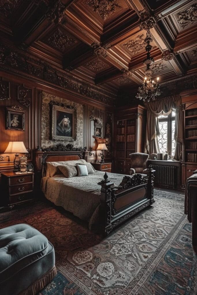 A Dark Academia Bedroom with Dark Wood Furniture