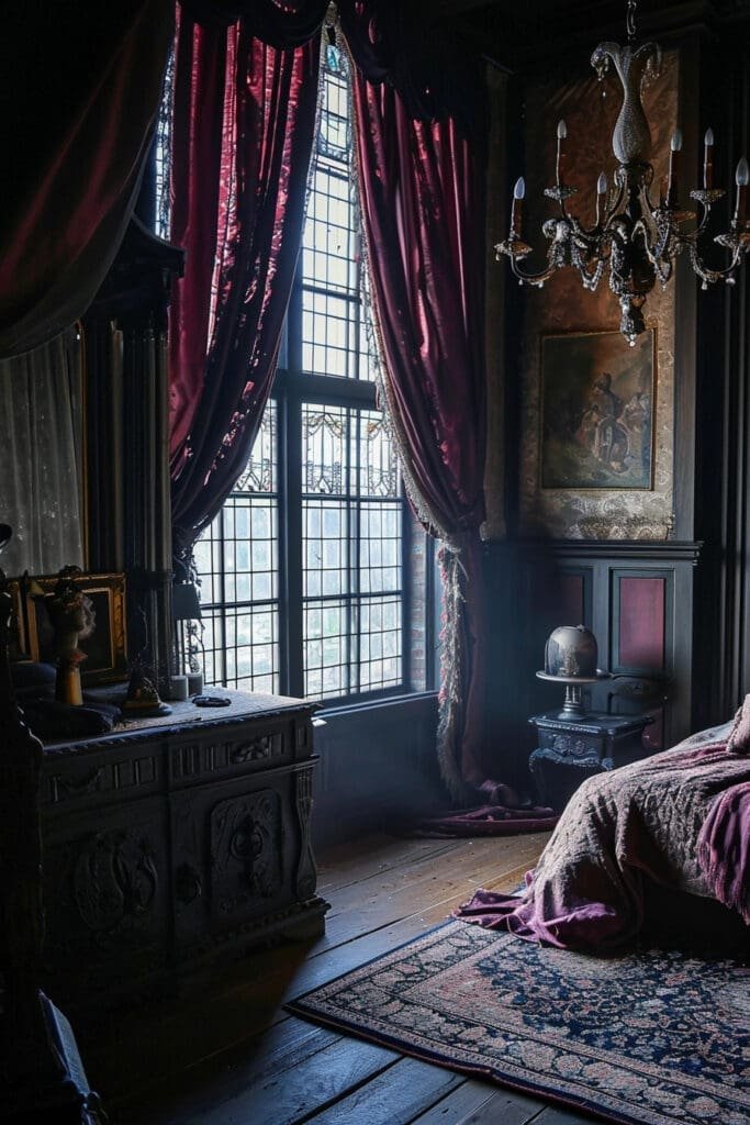 A Dark Academia Bedroom with Dramatic Window Treatings