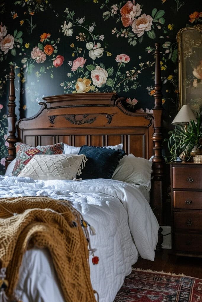 A Dark Academia Bedroom with Floral Wallpaper