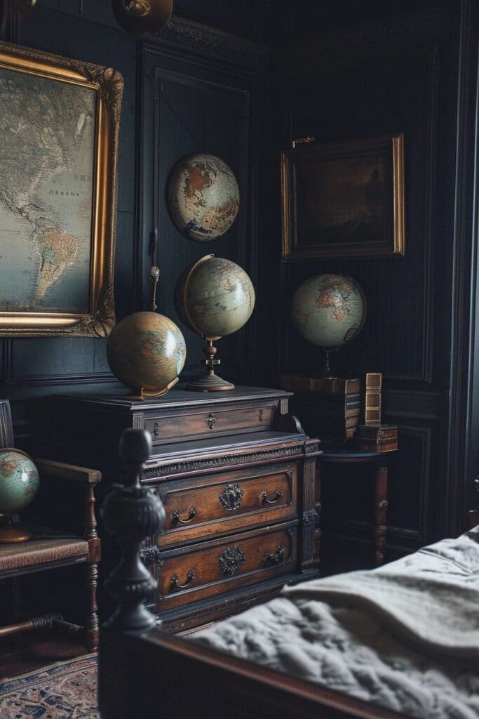 A Dark Academia Bedroom with Globes