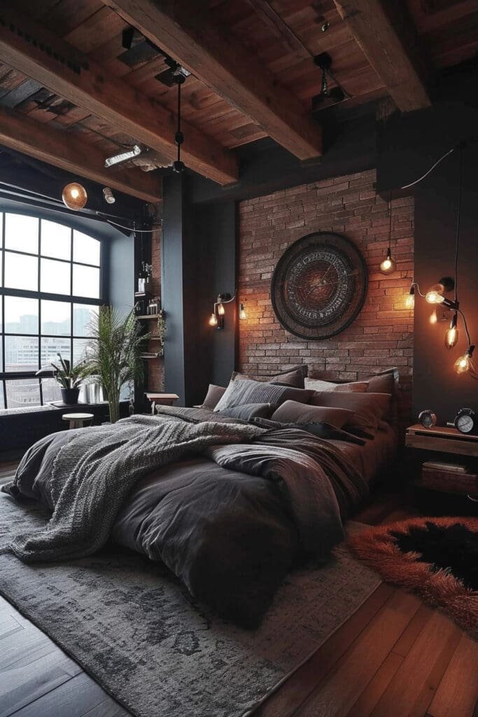 A Dark Academia Bedroom with Industrial Lighting