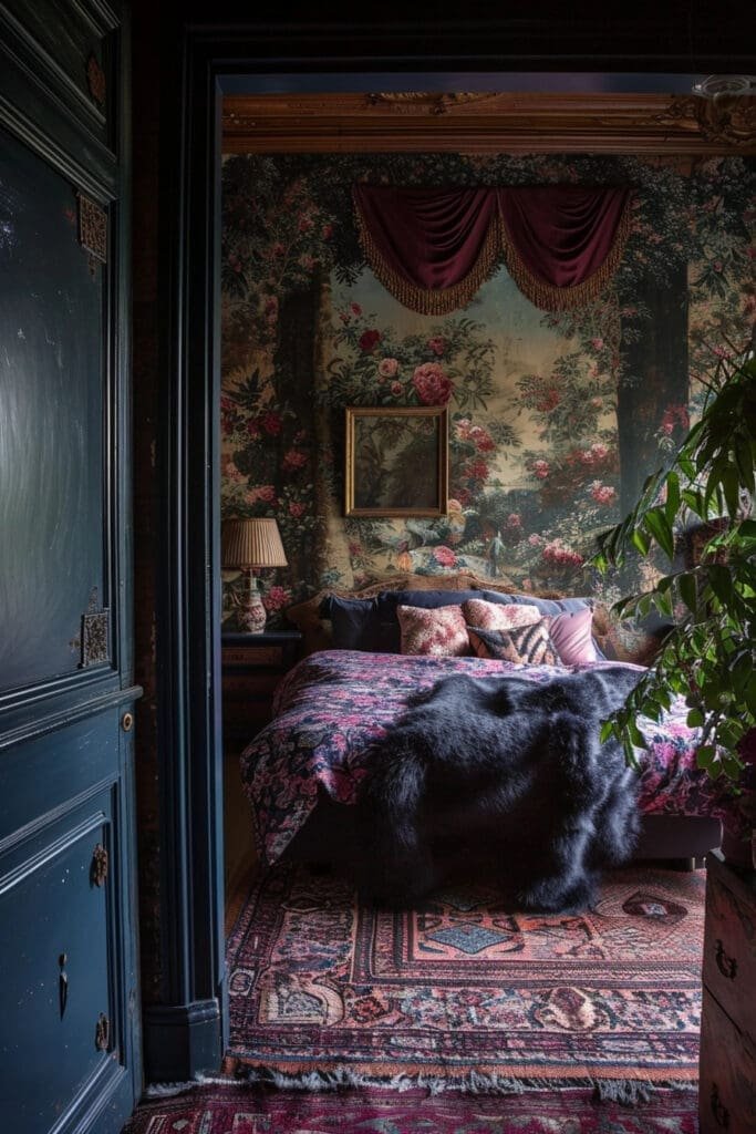A Dark Academia Bedroom with Romantic Textiles