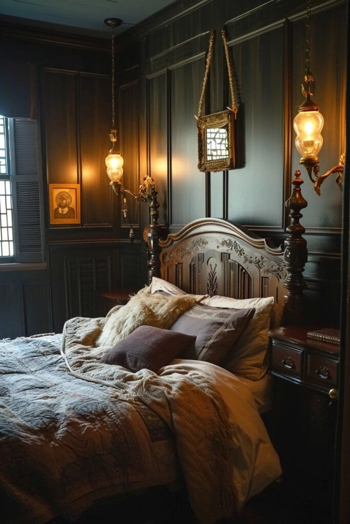 A Dark Academia Bedroom with Vintage Lighting