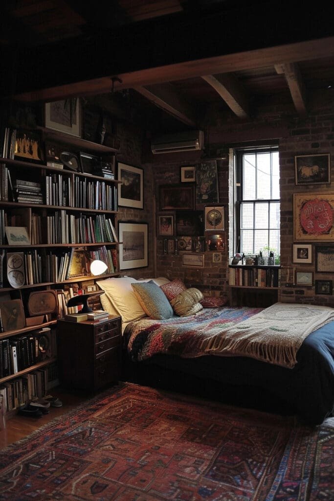 A Dark Academia Bedroom with Walls full of Art