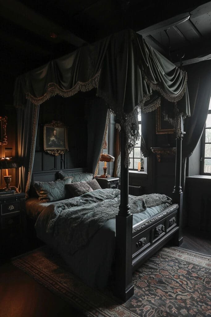 A Dark Academia Bedroom with a Canopy Bed