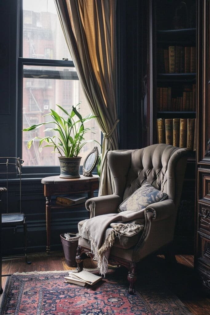 A Dark Academia Bedroom with a Classic Armchair