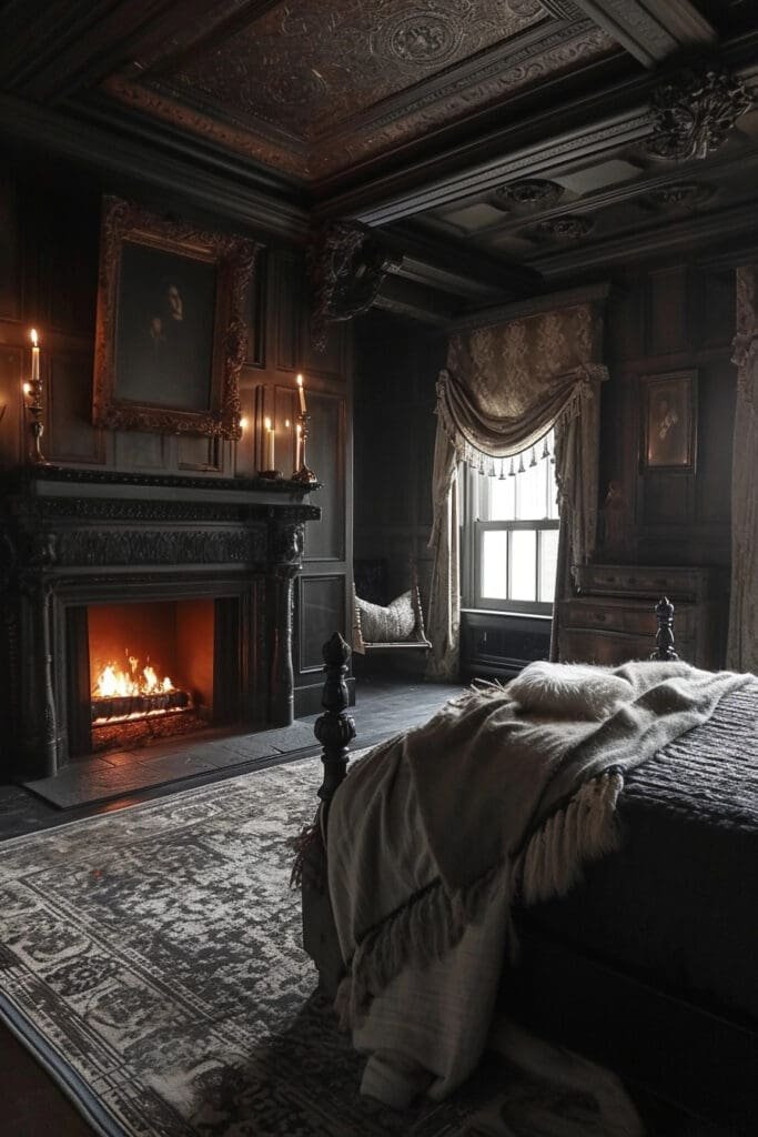 A Dark Academia Bedroom with a Fireplace