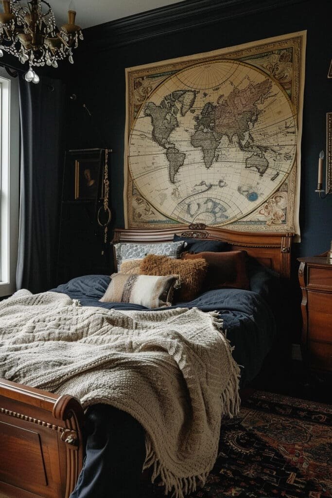 A Dark Academia Bedroom with a Hanging Map