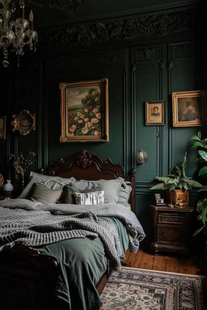 A Dark Academia Bedroom with a Rich Color Palette