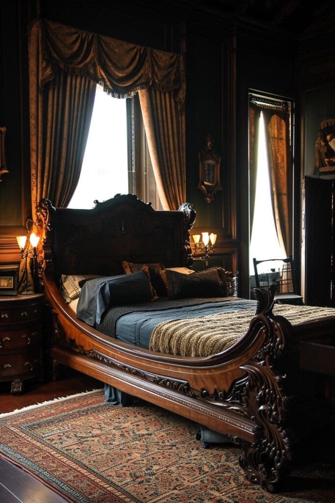 A Dark Academia Bedroom with a Sleigh Bed