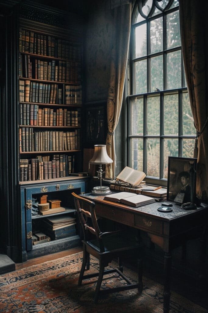 A Dark Academia Bedroom with a Writing Desk