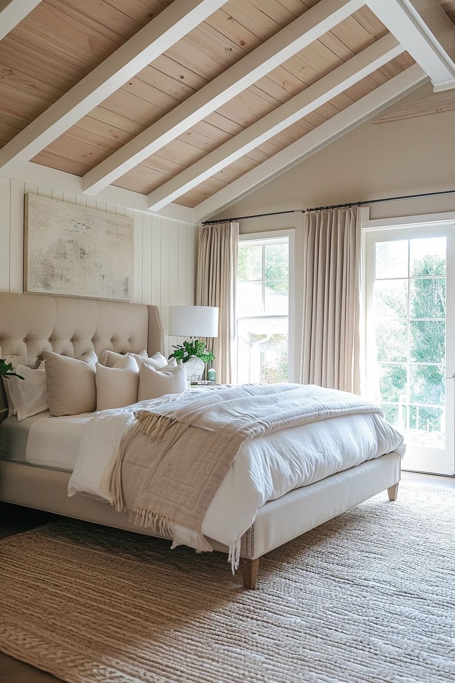 A Vaulted Ceiling Bedroom With A Neutral Color Palette 
