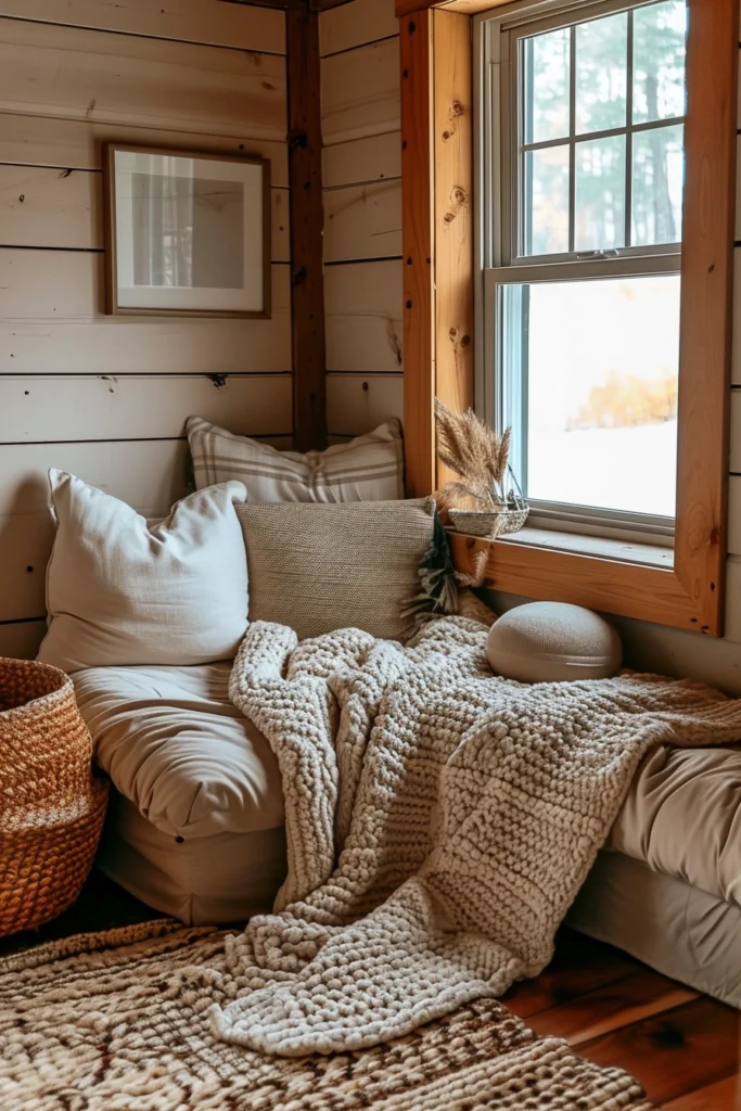 A bedroom with a Cozy Corner with a Sofa and Throw Blanket