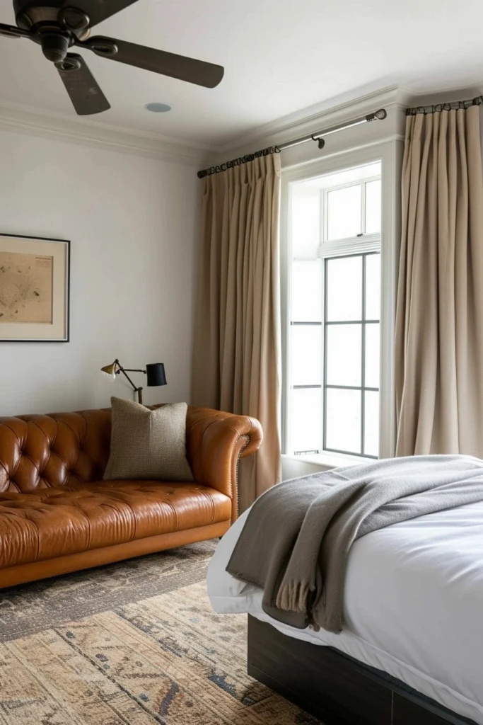 A bedroom with a Leather Sofa for a Masculine Touch