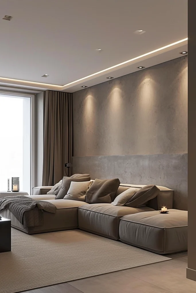 A bedroom with a Minimalist Sleek Sofa