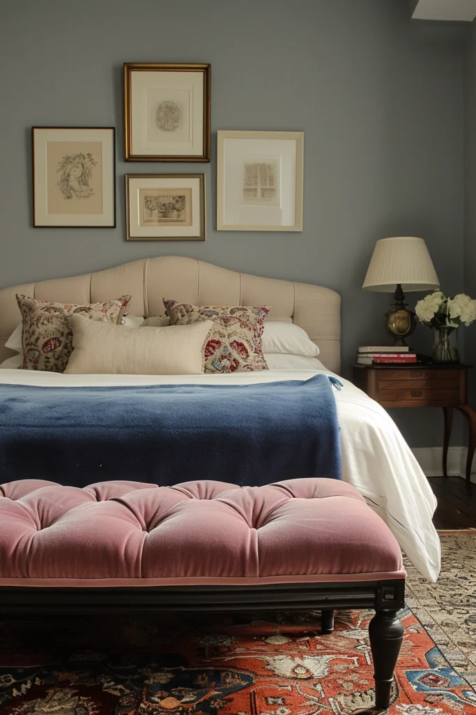 A bedroom with a sofa paired with an Ottoman