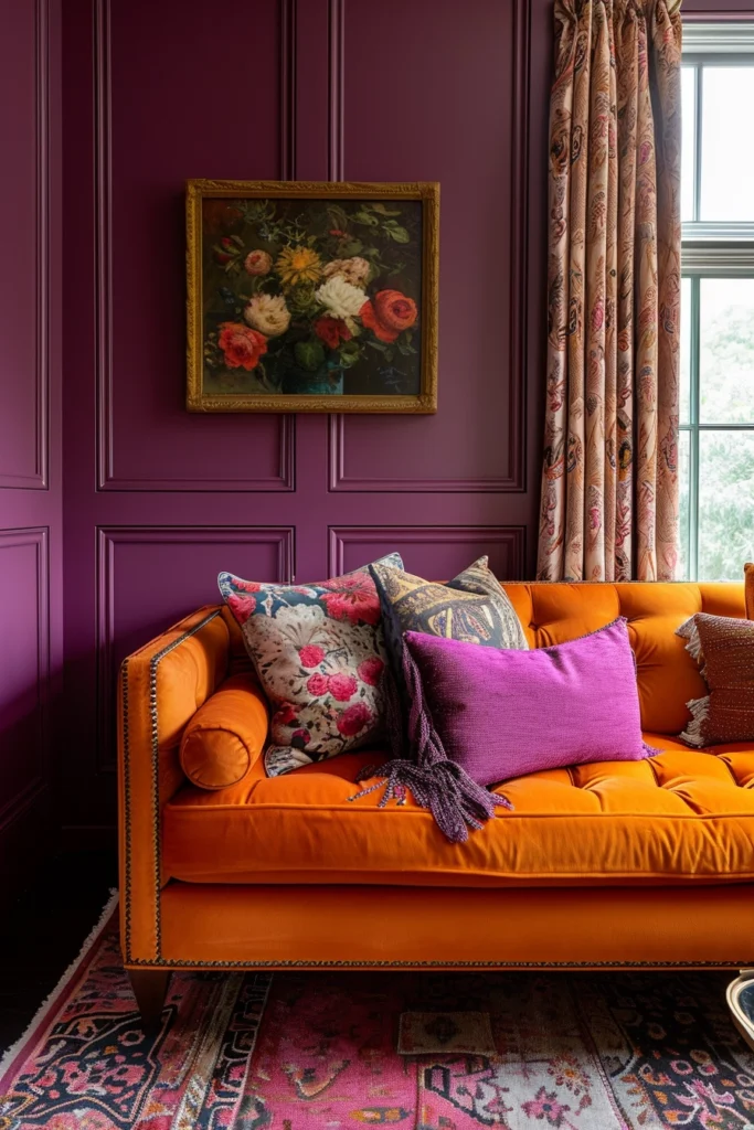 A bedroom with a sofa with a Bold Color