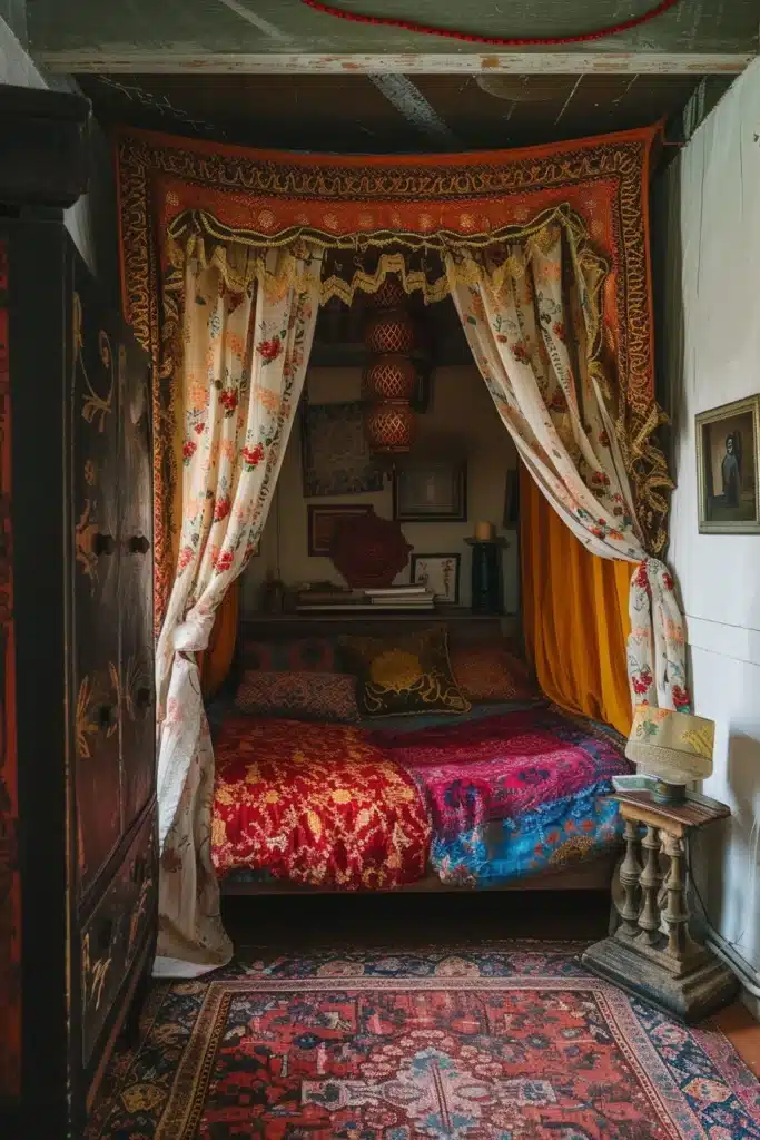 A boudoir bedroom with Bohemian Textiles