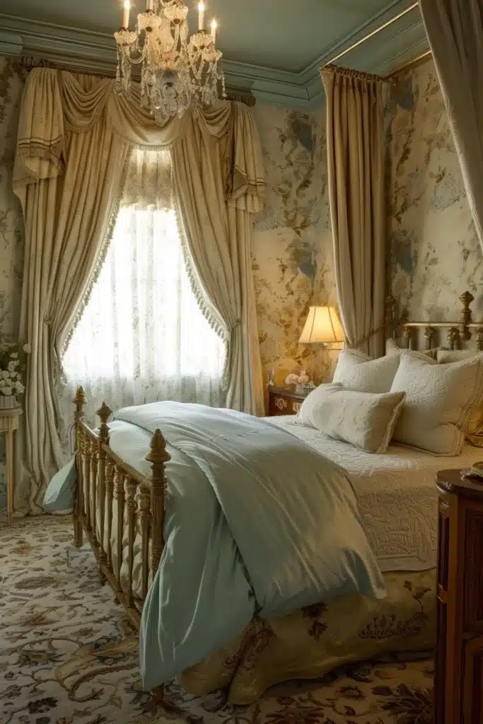A boudoir bedroom with Custom Drapery