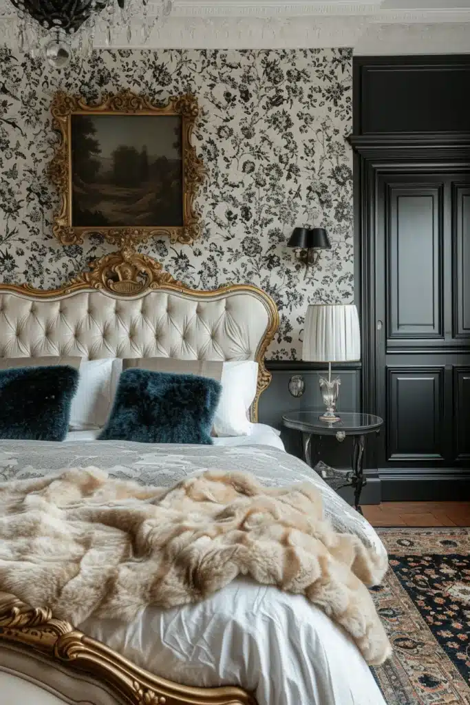 A boudoir bedroom with a Dramatic Wallpaper