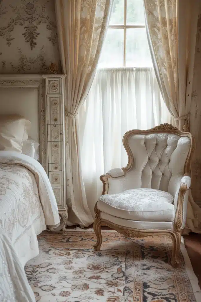 A boudoir bedroom with a Luxurious Chair