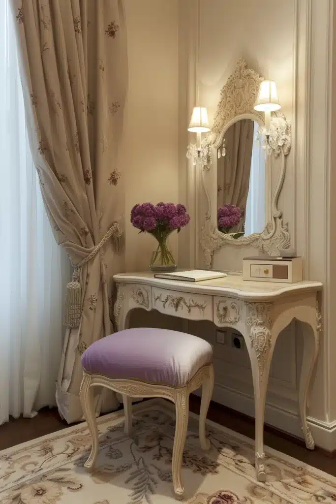 A boudoir bedroom with a Vanity Corner