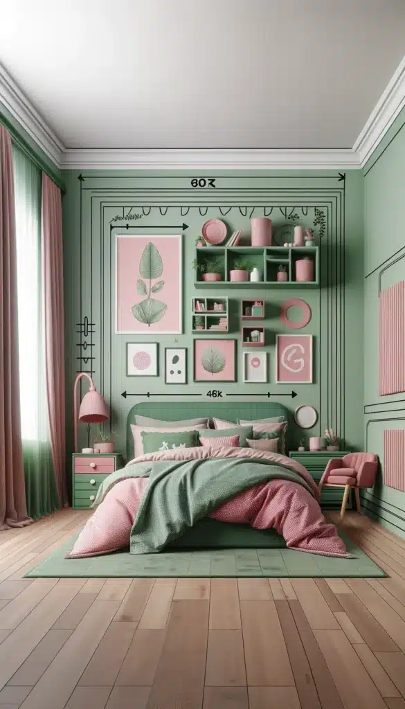 A green and pink bedroom