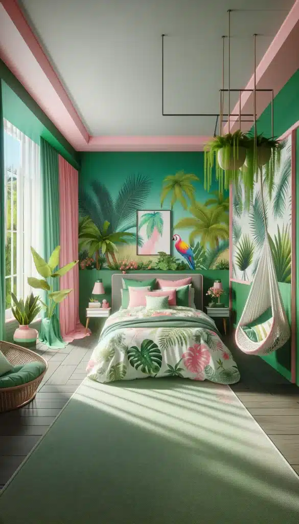 A green and pink bedroom designed as a Tropical Paradise