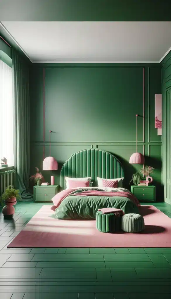 A green and pink bedroom with Bold Green
