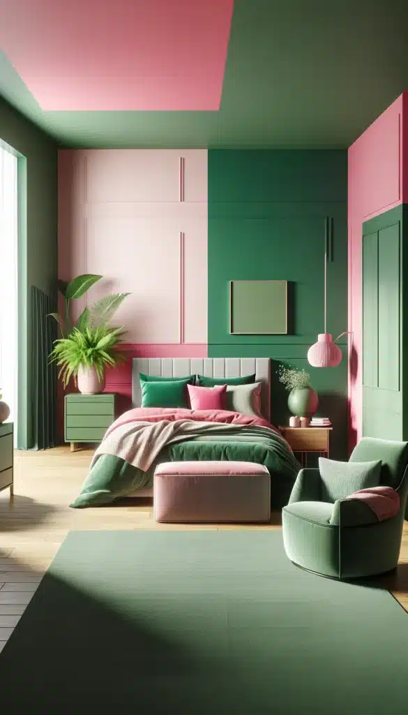 A green and pink bedroom with Color Blocking