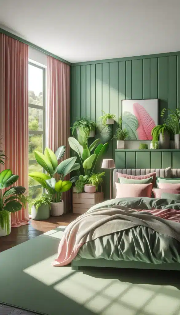 A green and pink bedroom with Exotic Plants