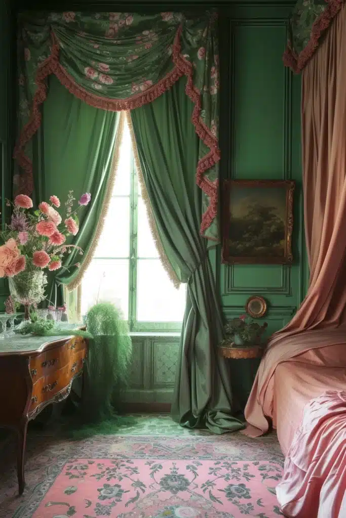 A green and pink bedroom with Feminine Draperies
