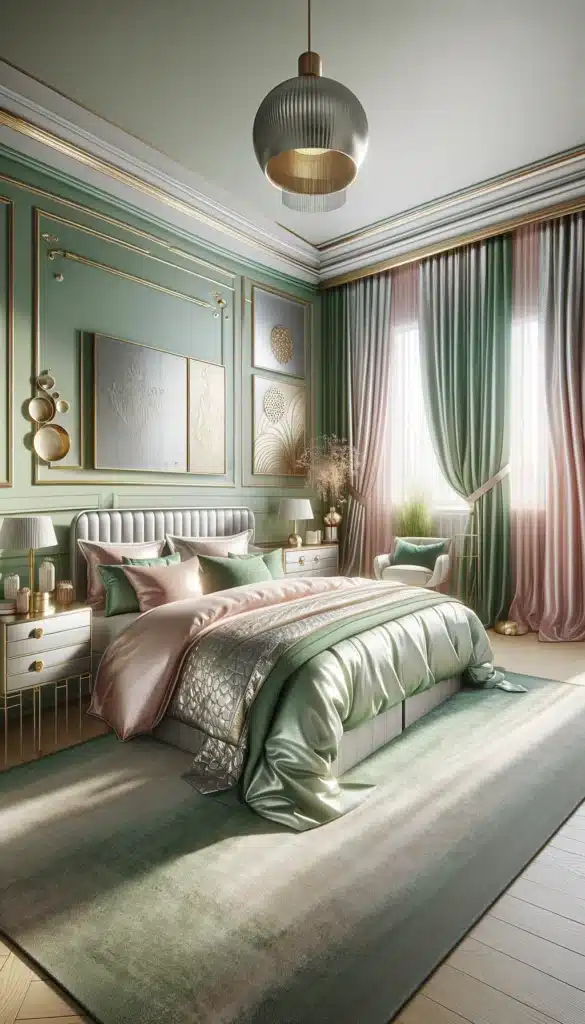 A green and pink bedroom with Metallic Accents