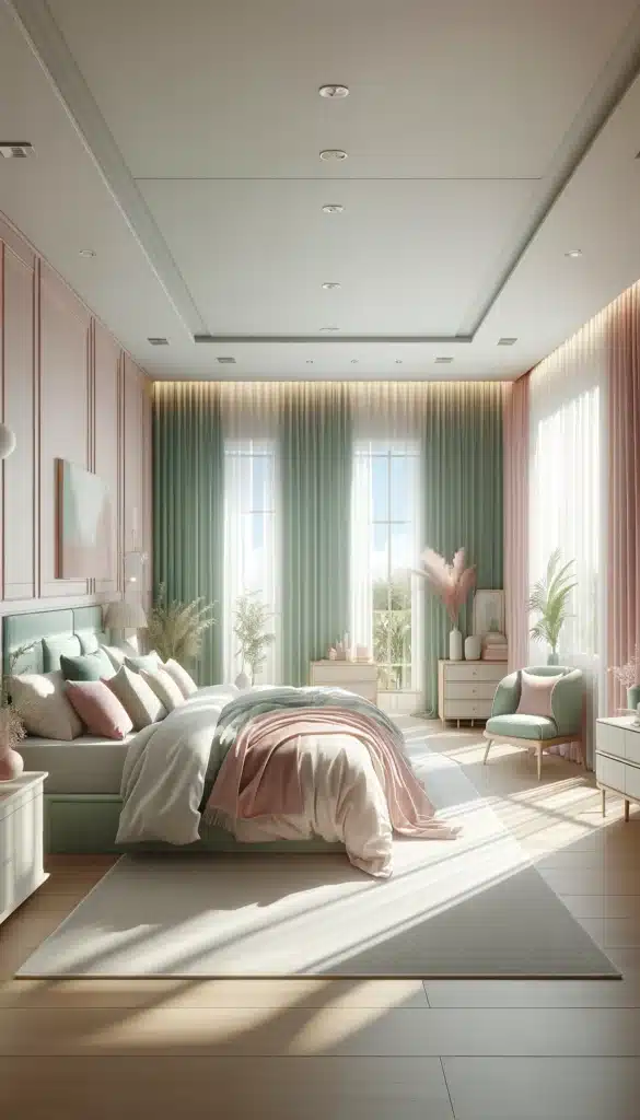 A green and pink bedroom with Natural Light