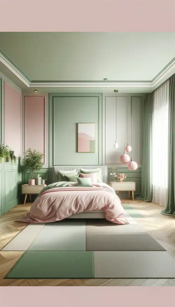 A green and pink bedroom with Pastel Tones
