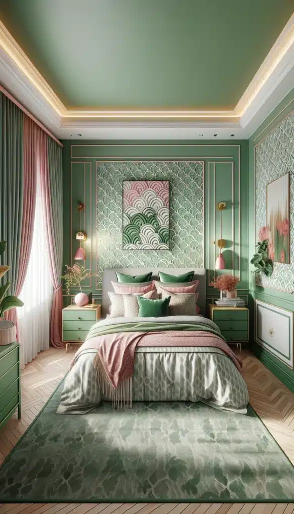 A green and pink bedroom with Patterns