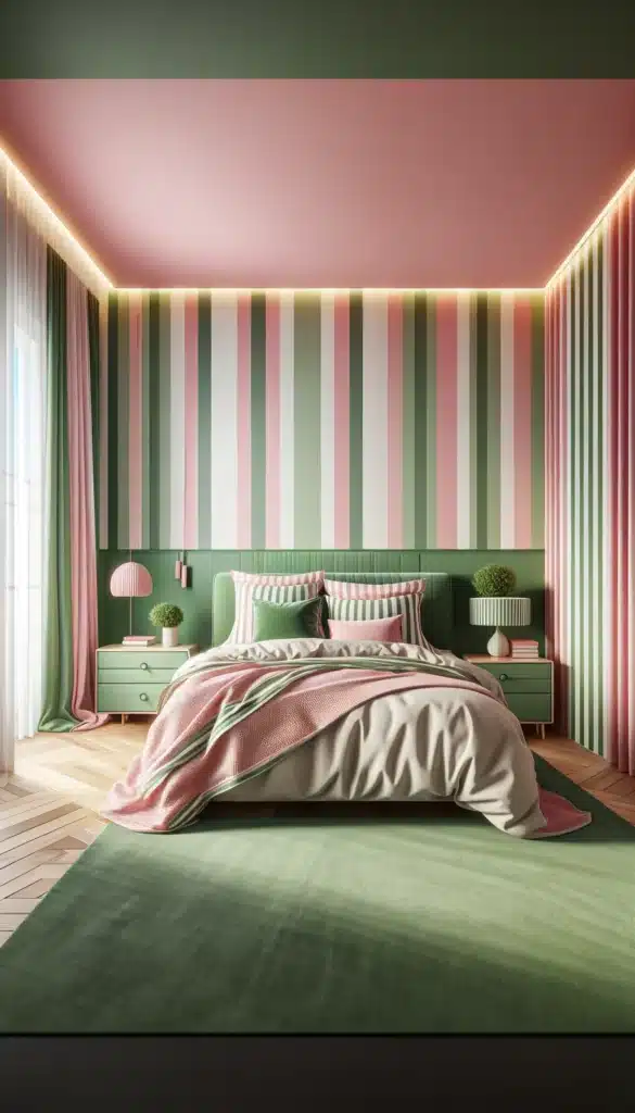 A pink and greenm bedroom with Stripes