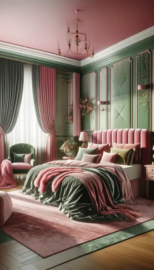 A green and pink bedroom with Velvet Touches