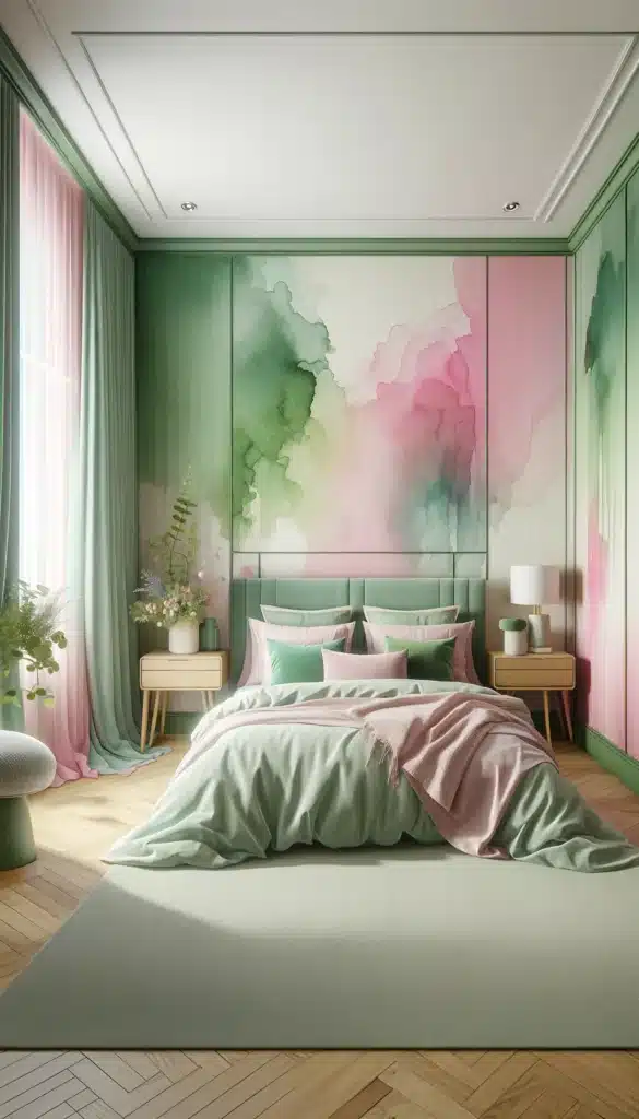 A green and pink bedroom with Watercolor Effects