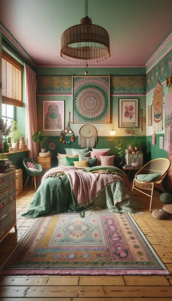 A green and pink bedroom with a Boho Touch
