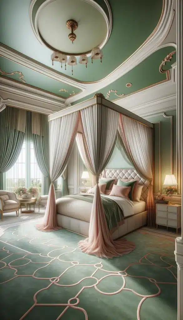 A green and pink bedroom with a Canopy Bed