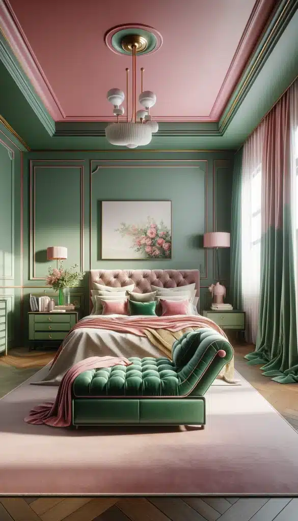 A green and pink bedroom with a Chaise Lounged