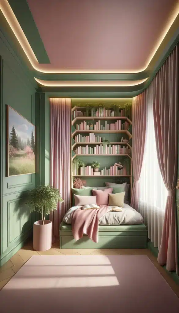 A green and pink bedroom with a Reading Nook