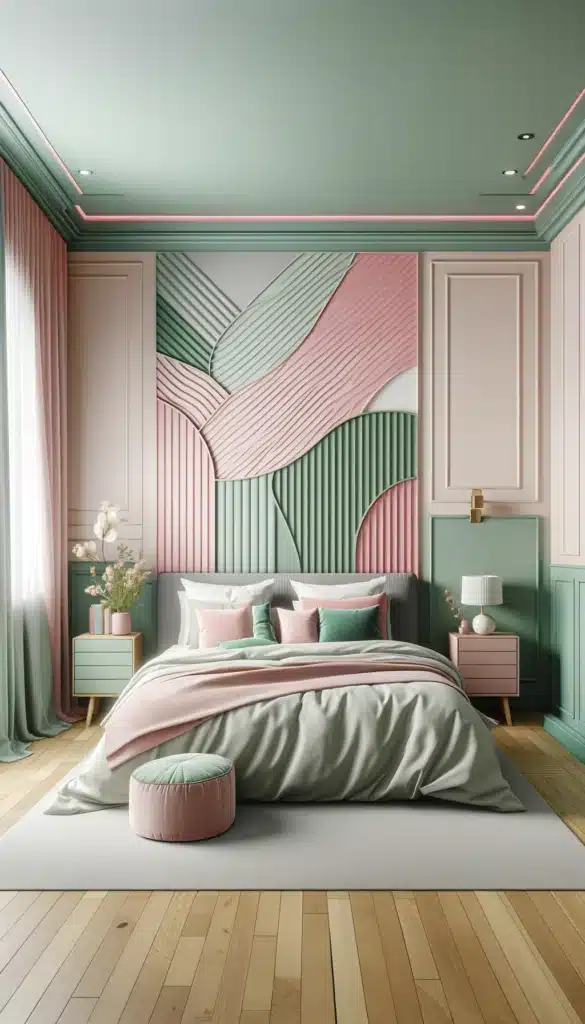 A green and pink bedroom with an Accent Wall