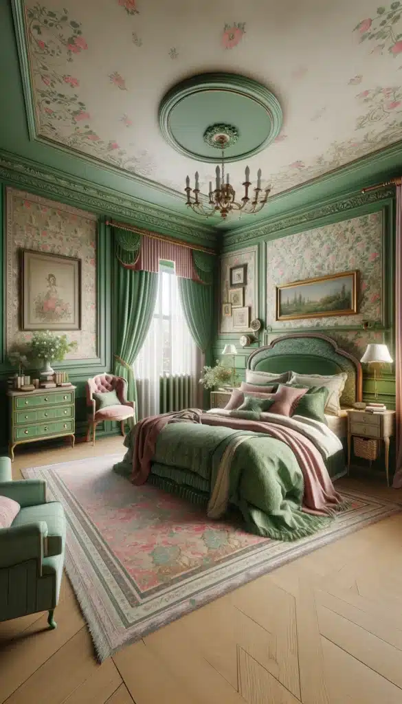 A green and pink bedroom with mixed Period Styles