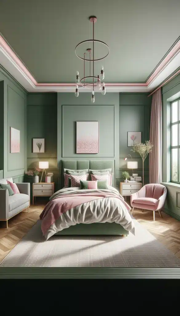 A green and slightly pink bedroom